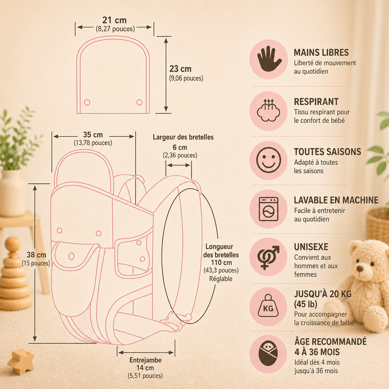 Porte-bébé Ergonomique avec bandoulière réglable Koaloon™
